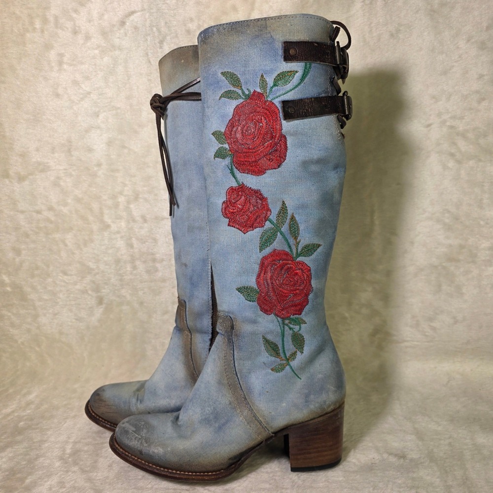 Freebird Cyrus Rose Embroidered Denim Knee High Boots Blue Womens Sz 10 RARE